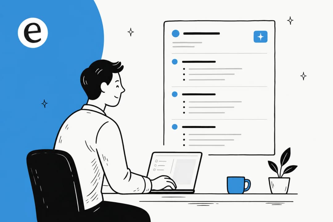 Editorial illustration of a person drafting a clean release notes document at a laptop