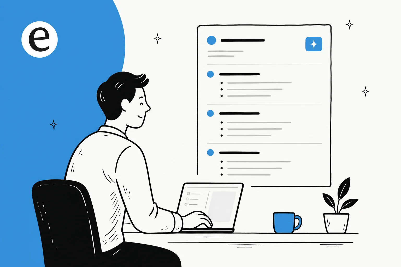 Editorial illustration of a person drafting a clean release notes document at a laptop