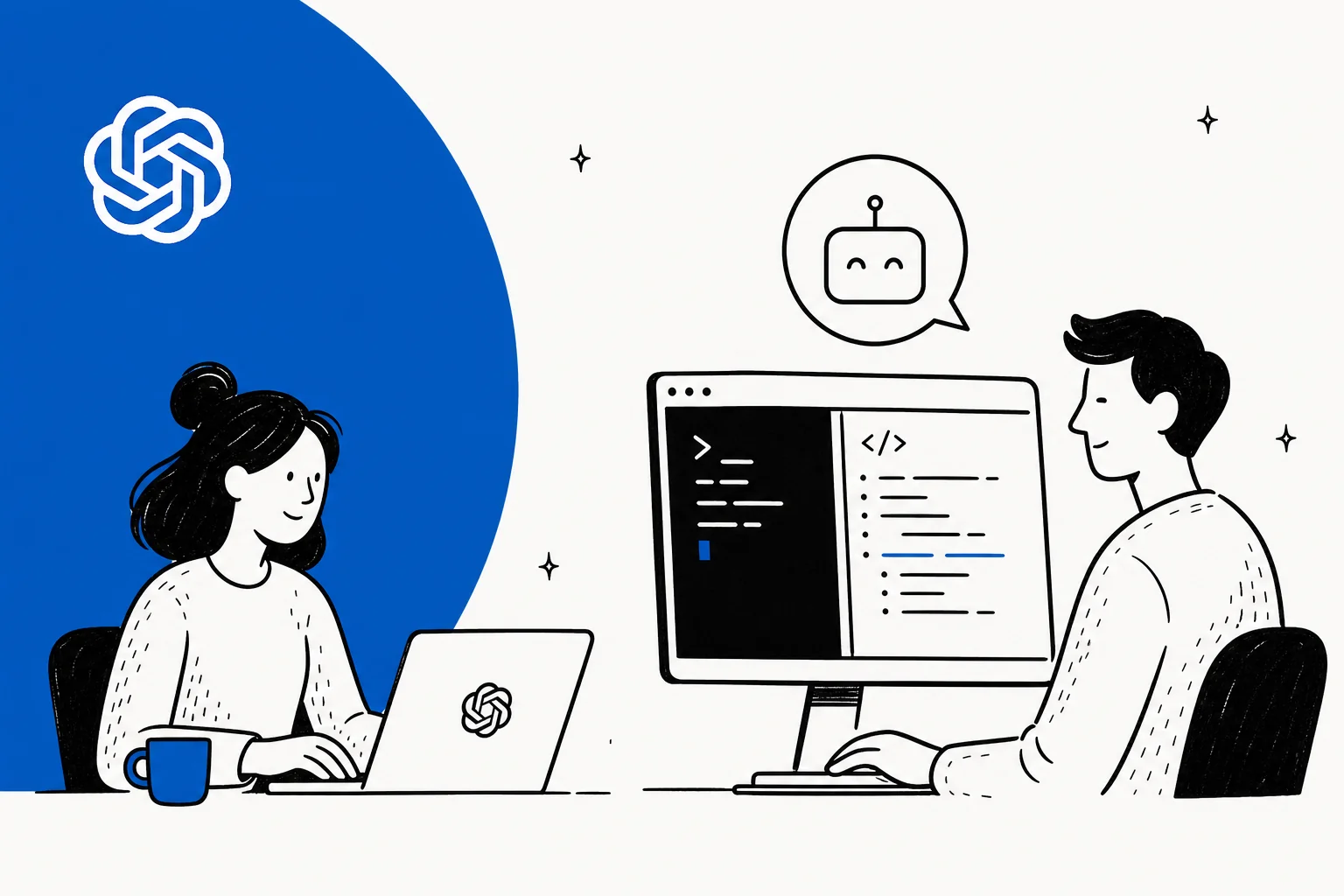 Illustrated hero banner for an OpenAI Codex free access explainer, with terminal and code editor motifs