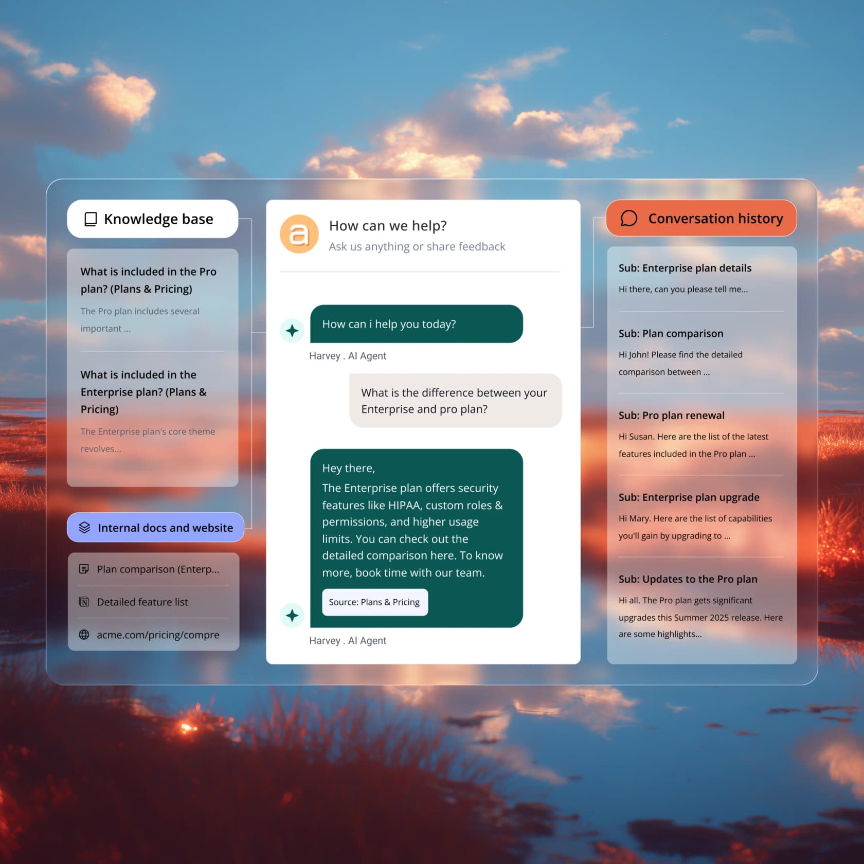 Hiver AI Agent answering a customer question about plan differences, with knowledge base and conversation history panels alongside, as taken from Hiver
