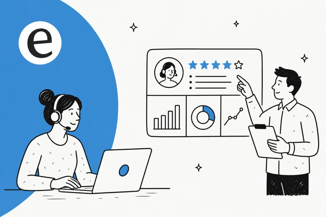 A support agent and a QA reviewer looking at an agent scorecard dashboard