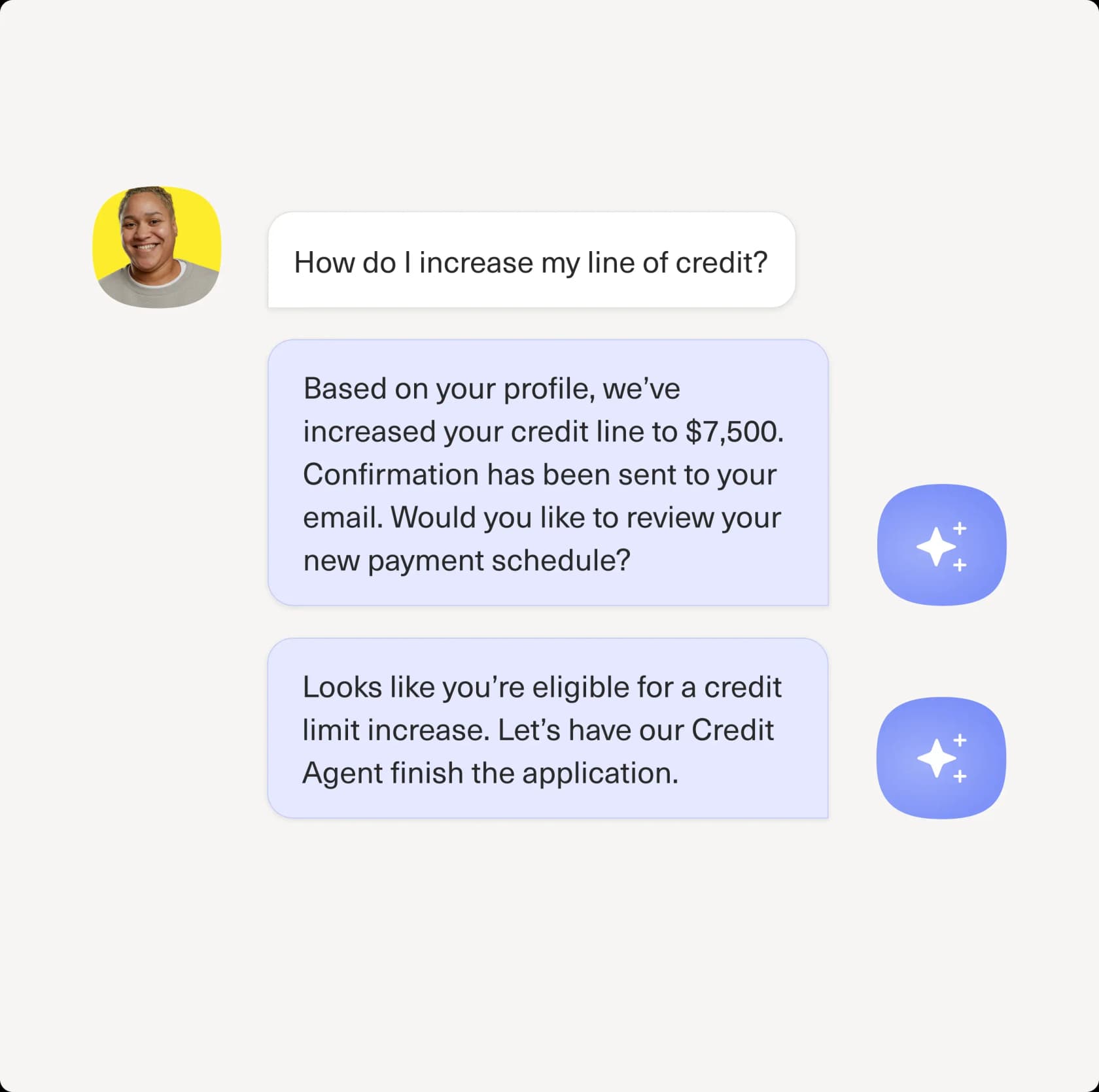 Kustomer's Concierge AI resolving a customer's credit-line increase inside chat, as taken from Kustomer