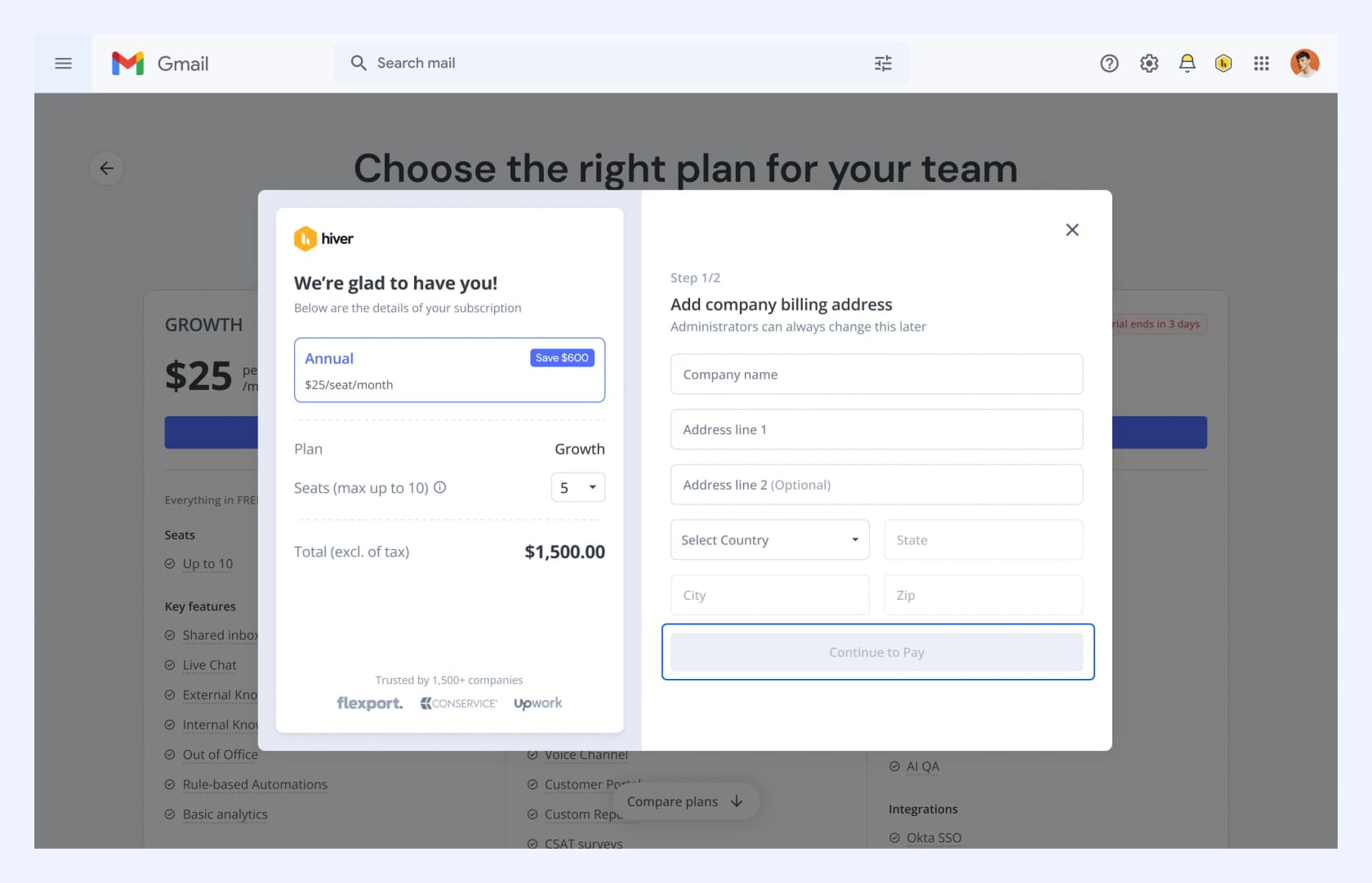 Hiver's in-Gmail checkout modal showing the Growth plan at $25 per seat per month, 5 seats selected, and a $1,500 annual total, as taken from Hiver