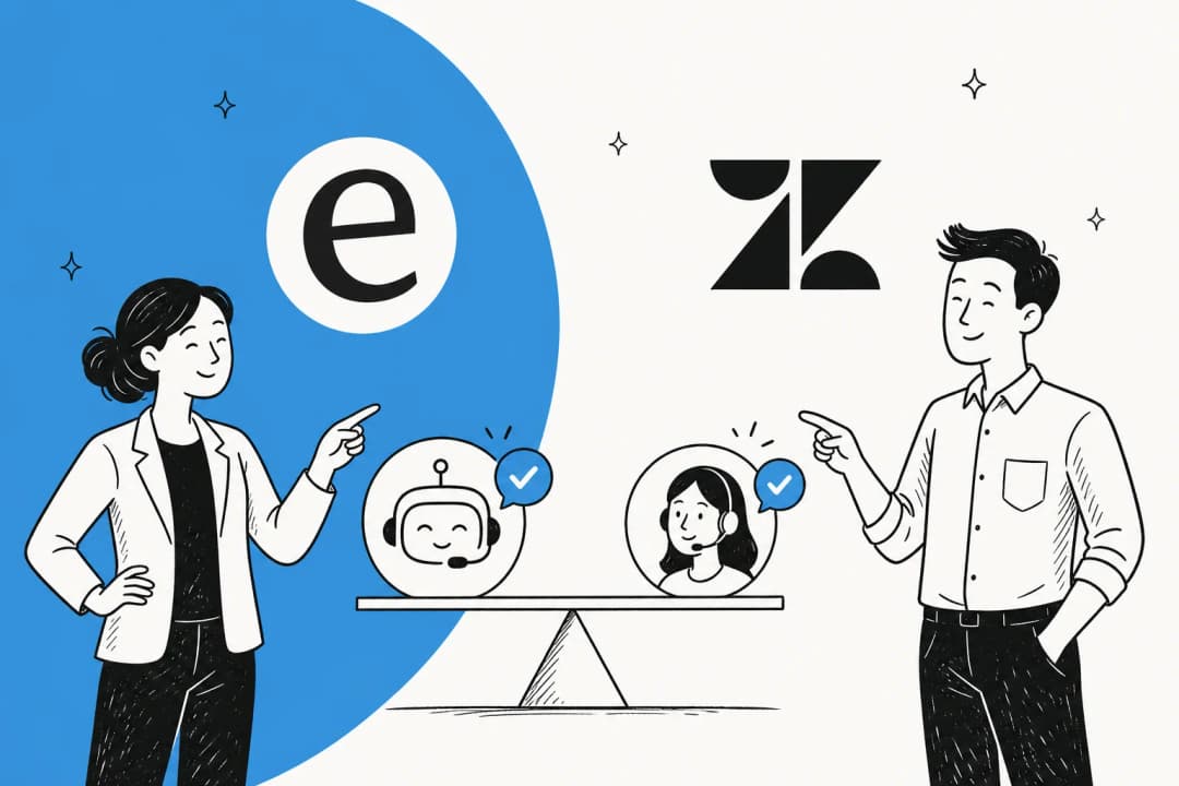 eesel vs Zendesk AI comparison, with the eesel and Zendesk logos and a balance scale weighing an AI bot against a human agent