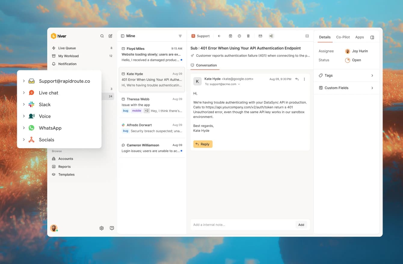 Hiver Omni's standalone workspace showing a channel list with live chat, Slack, voice, WhatsApp, and social alongside the shared inbox and an open ticket, as taken from Hiver