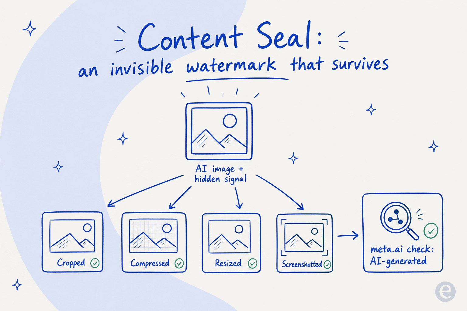 Infographic showing a Content Seal watermark surviving cropping, compression, resizing, and screenshotting, then confirmed by a detector