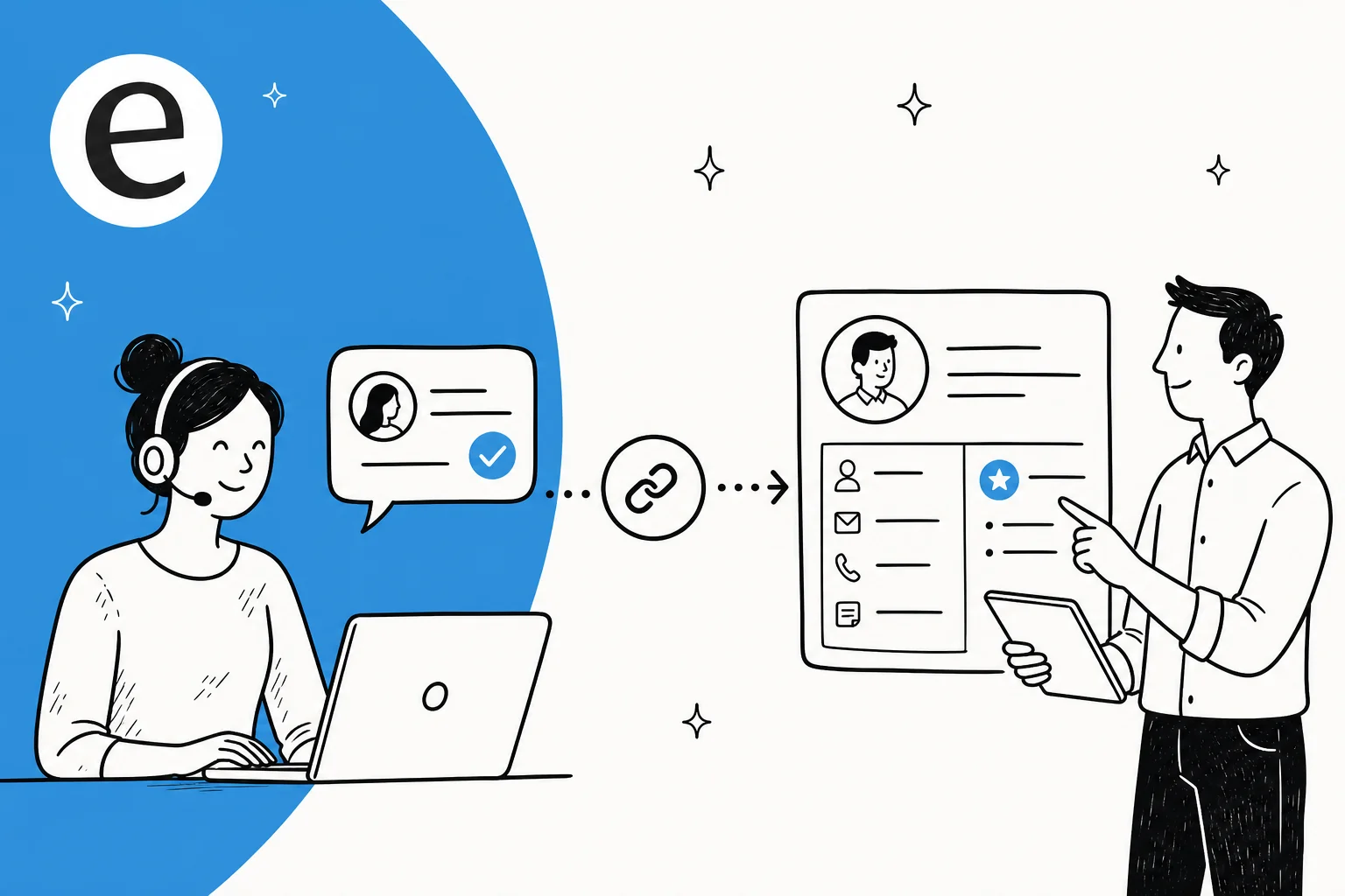 Illustration of a help desk connected to a CRM, forming one unified customer view