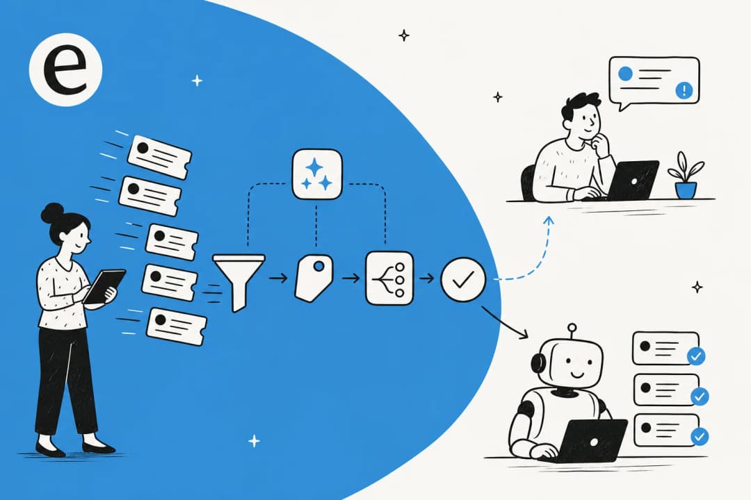 Editorial illustration of support tickets flowing through an automated pipeline that sorts, routes, and resolves them