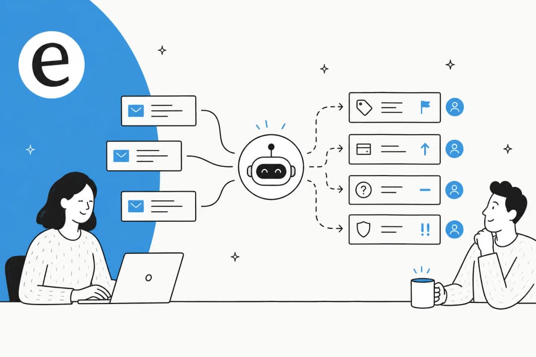Incoming support tickets flowing through an AI that tags, prioritizes, routes, and assigns each one