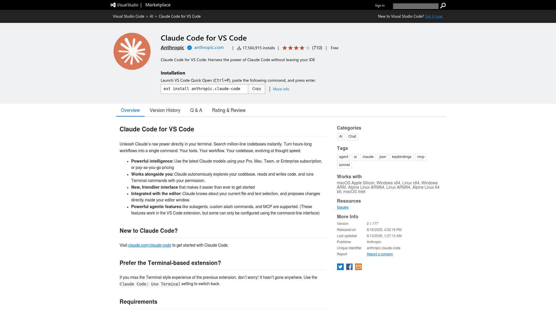 Claude Code VS Code extension page showing the Anthropic AI coding assistant, as taken from VS Code Marketplace