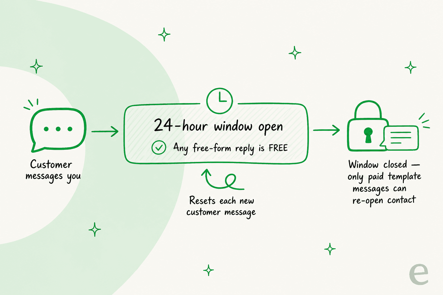 The WhatsApp 24-hour customer service window: free-form replies are free while it's open and reset with each customer message, but only paid templates can re-open a closed window