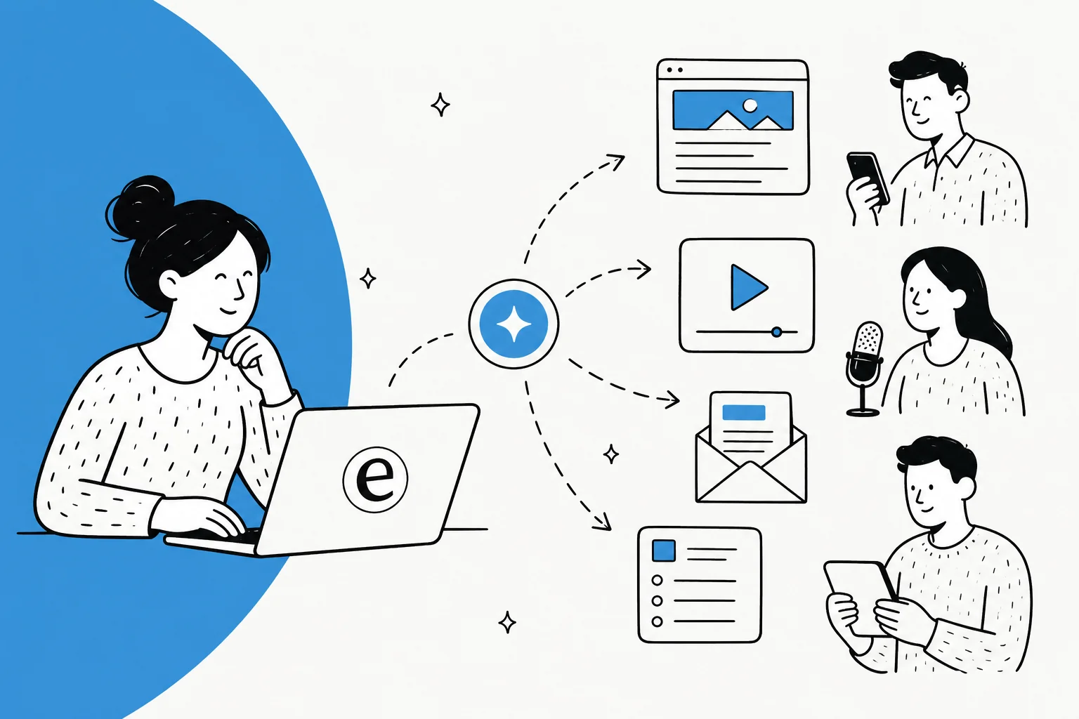 Editorial illustration of one blog post fanning out into many content formats with AI