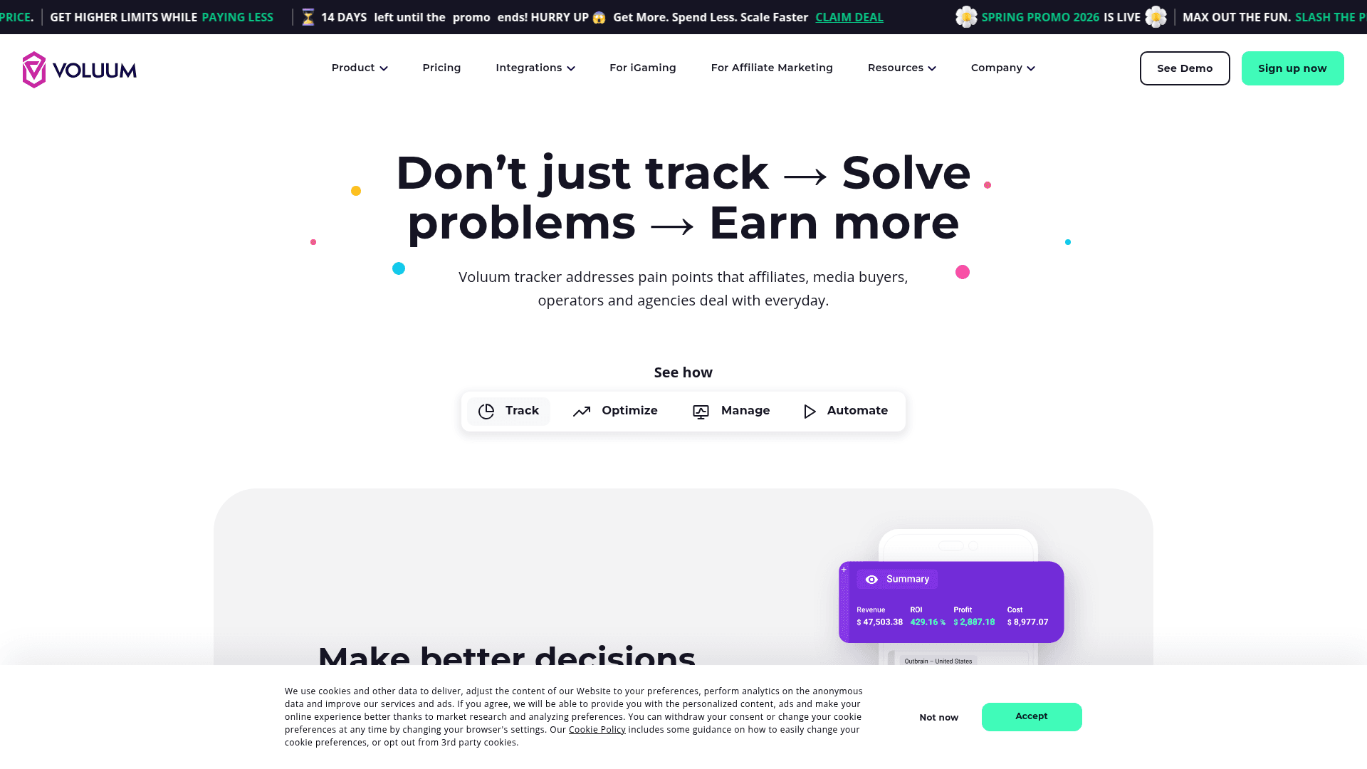 Voluum features page showing affiliate tracking and campaign management capabilities, as taken from Voluum