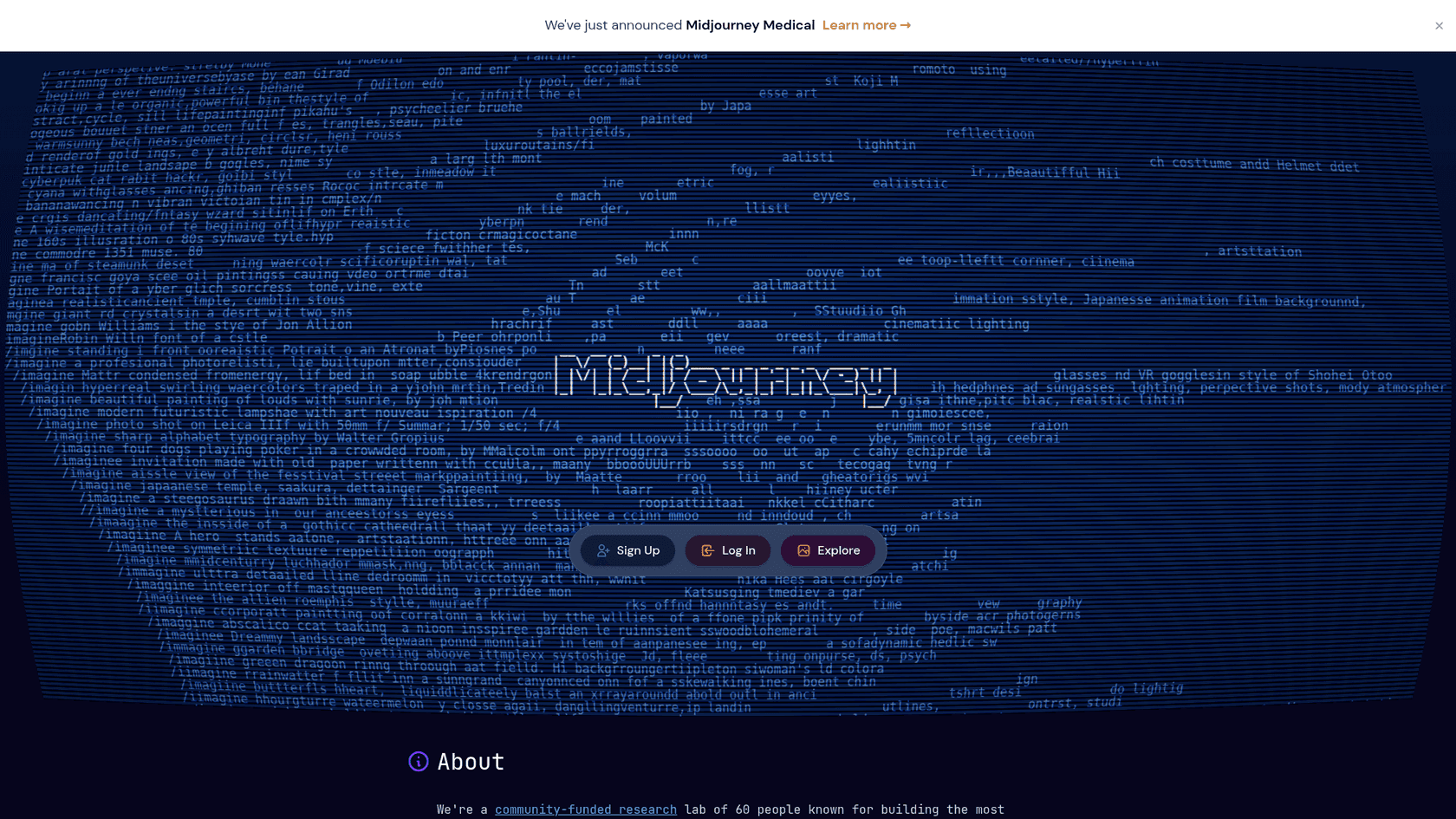 Screenshot of the Midjourney homepage