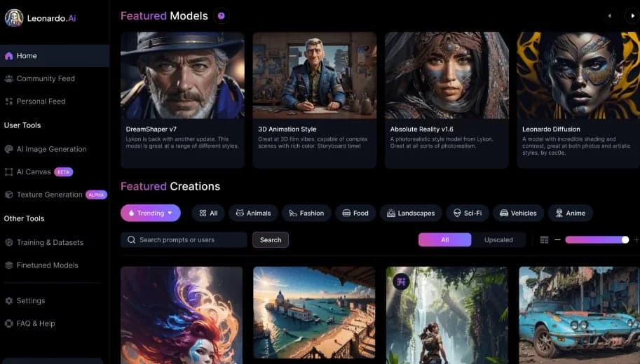 The Leonardo.AI app: sidebar with AI Image Generation, AI Canvas, and Training, plus the Featured Models grid (DreamShaper, 3D Animation Style, Absolute Reality)