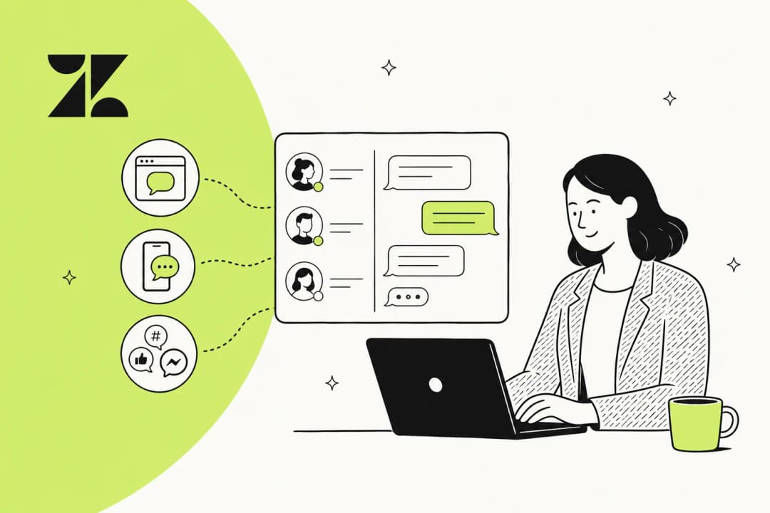Editorial illustration of the Zendesk messaging app with web widget and social channels feeding one inbox