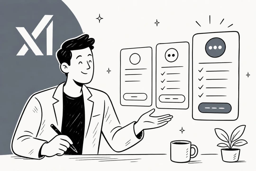 Editorial illustration of xAI pricing tiers on a warm off-white background with muted olive accents