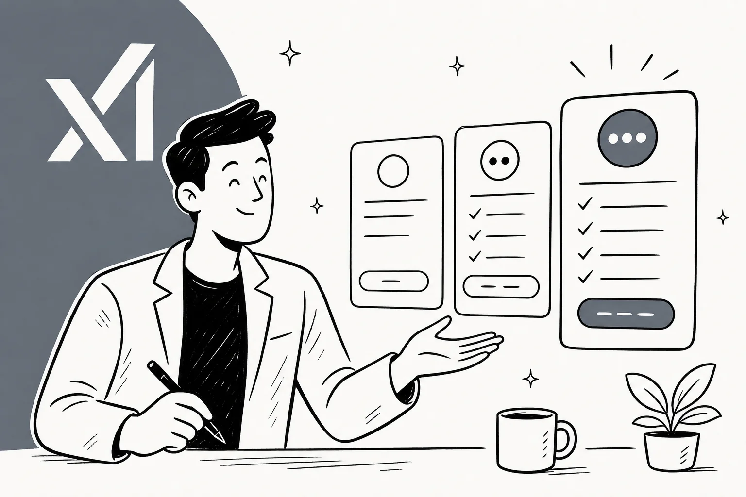 Editorial illustration of xAI pricing tiers on a warm off-white background with muted olive accents