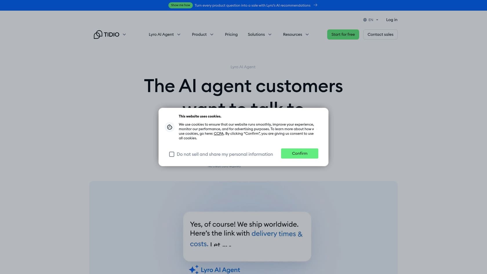 The Tidio Lyro landing page showing the AI agent's 67% resolution claim