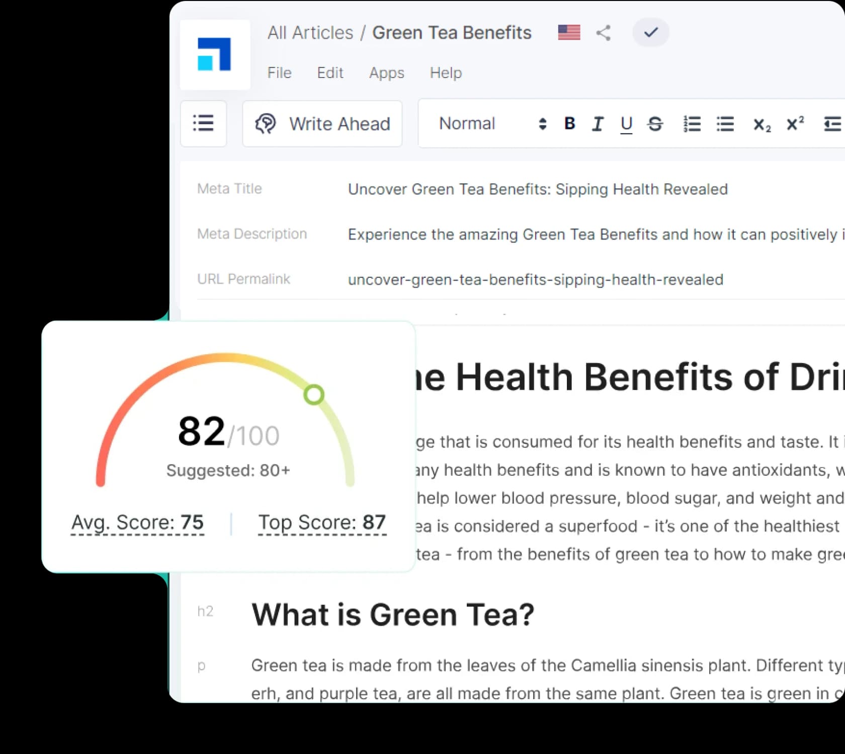 Scalenut's editor grading a draft with a real-time SEO content score, as taken from Scalenut