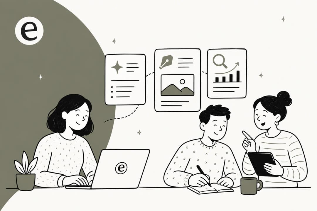 Illustration of free AI tools for blog writing arranged as a workflow from research to draft to publish