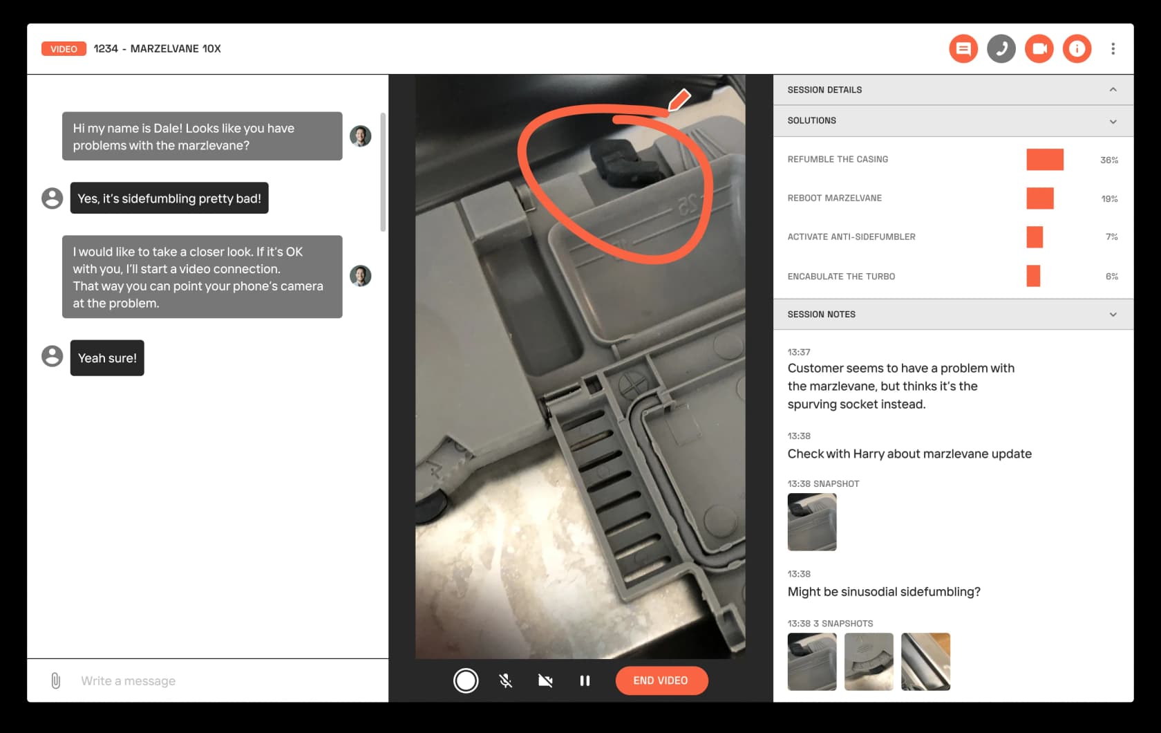 Mavenoid's live video console where an agent annotates the customer's camera feed while AI suggests likely solutions, as taken from Mavenoid