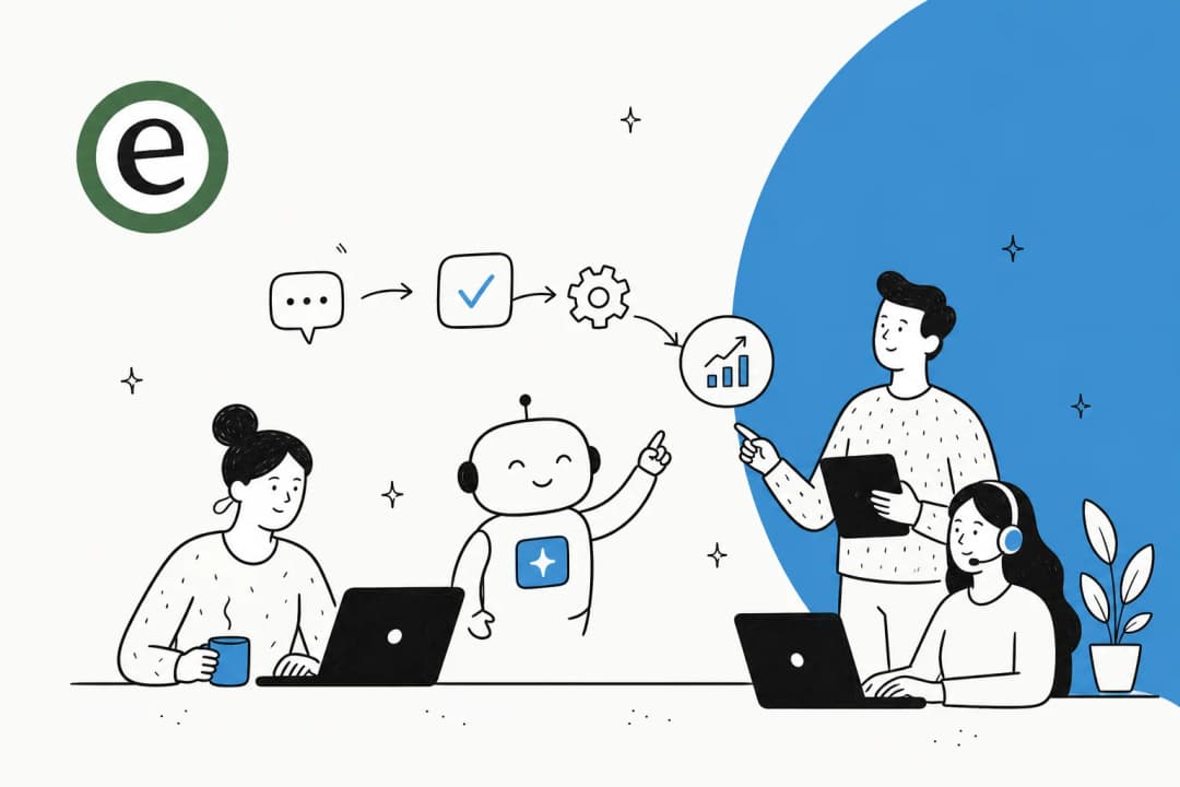 Illustration of a customer support team scaling ticket volume with AI automation