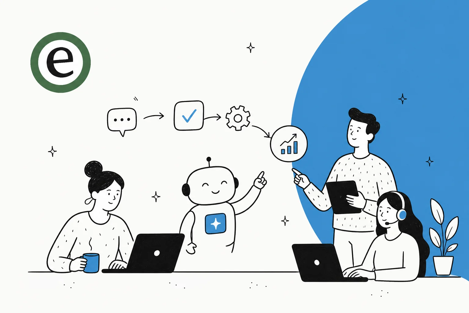 Illustration of a customer support team scaling ticket volume with AI automation