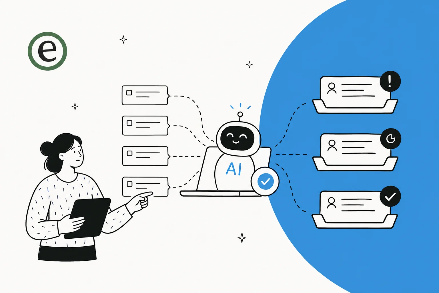 Illustration of AI sorting incoming support tickets by urgency into a routed queue