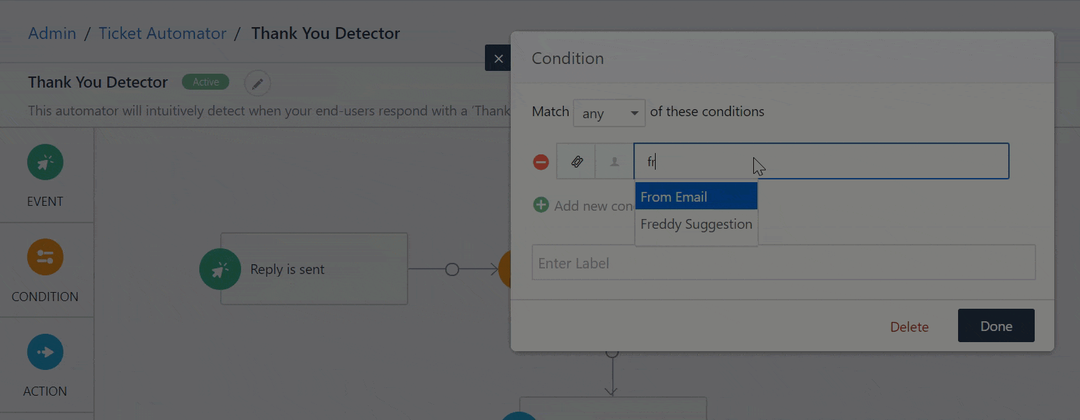 The Freshservice condition builder showing 'Freddy Suggestion' as a selectable condition next to 'From Email', as documented in the Freshservice thank you detector guide