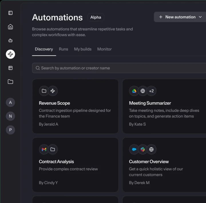 North agent platform showing the Automations browse interface with Revenue Scope and Meeting Summarizer cards, as taken from cohere.com