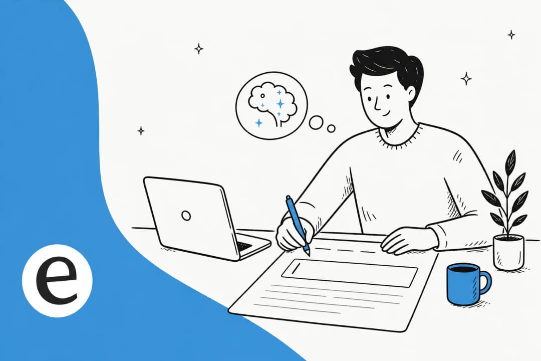 Illustration of an AI drafting a blog post title on a clean editor canvas
