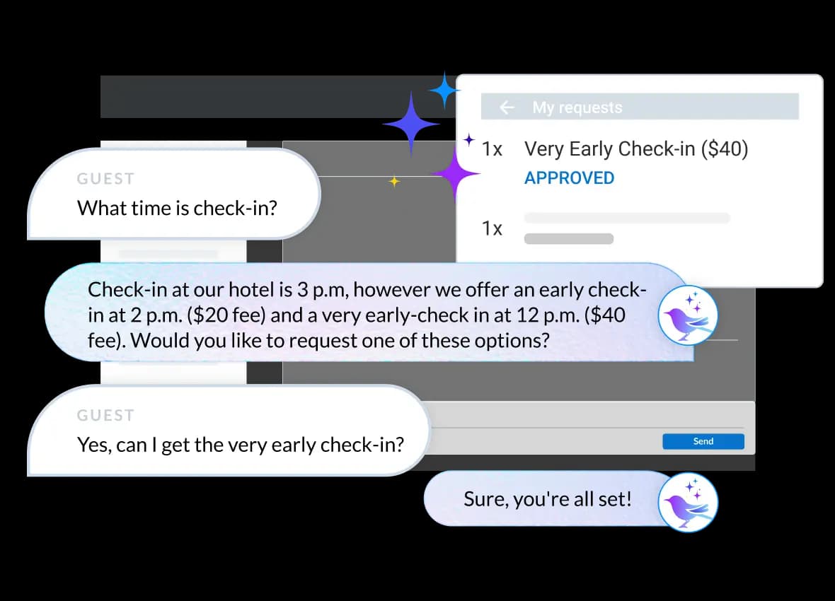 A guest asks about check-in time and the AI offers early check-in options with fees, then confirms the request, as taken from Canary