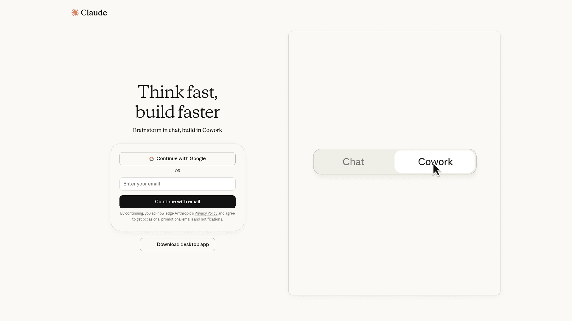 Claude AI homepage showing the AI assistant interface for writing, research, and analysis, as taken from Anthropic