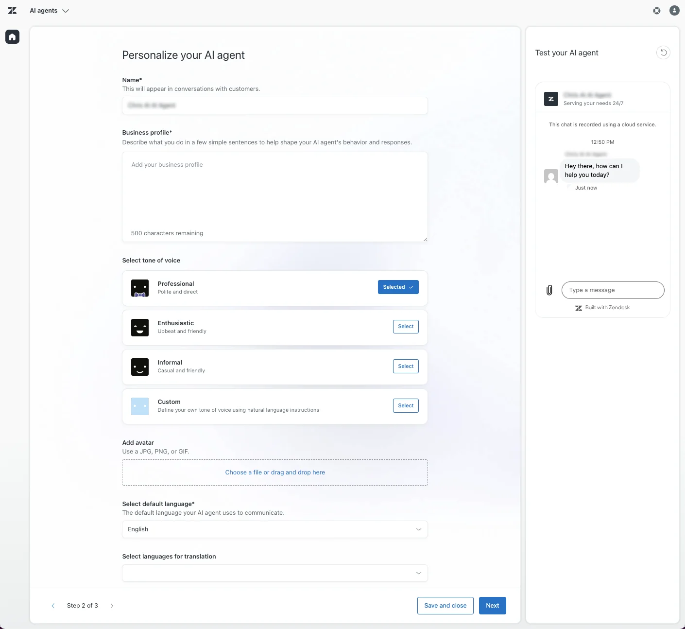 Personalize step showing tone-of-voice presets and language settings, as taken from Zendesk help