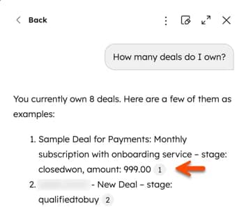 Breeze Assistant answering a CRM question inside the HubSpot inbox, as taken from HubSpot's knowledge base