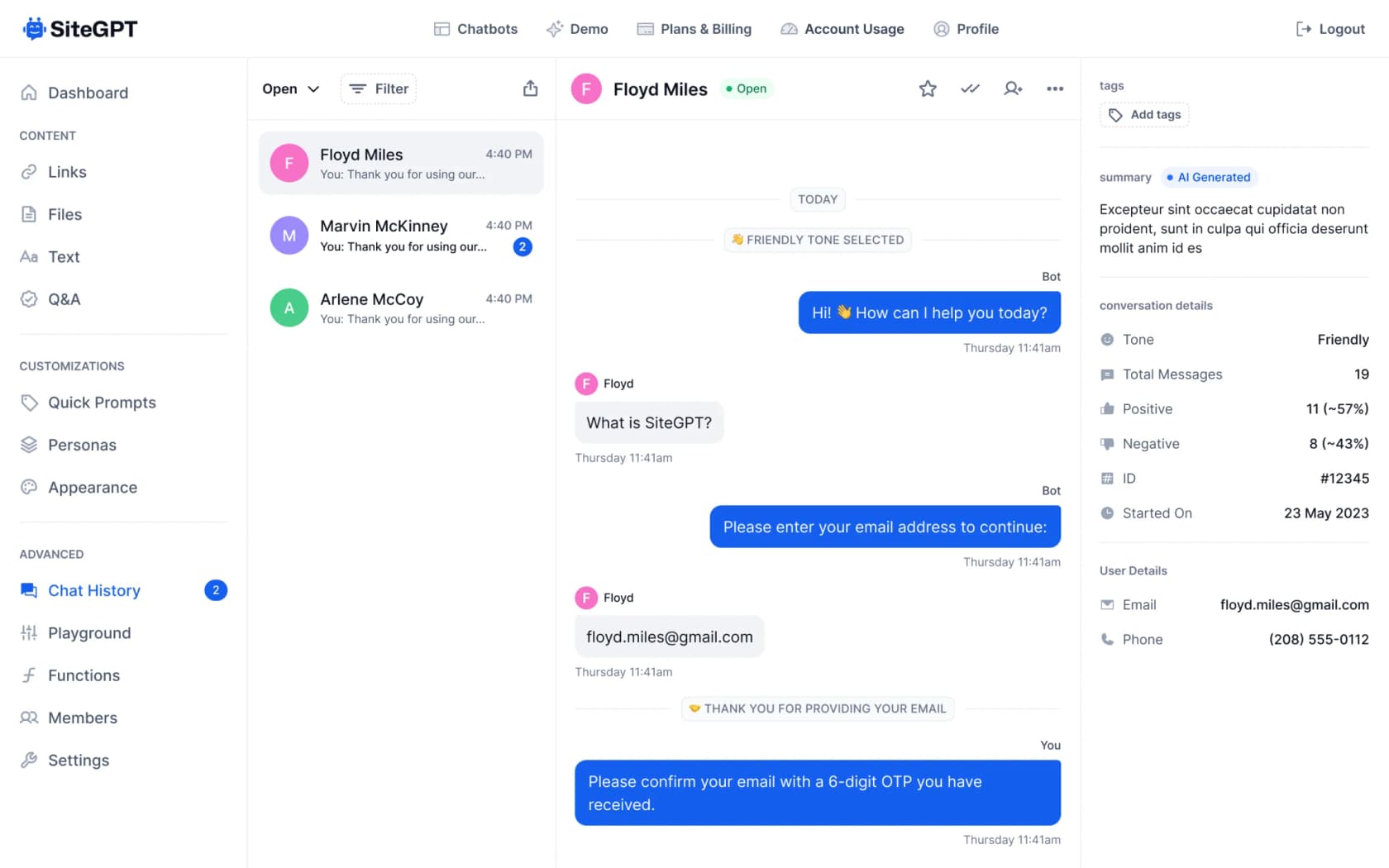 The SiteGPT chat history view showing conversations, sentiment summary, and user details