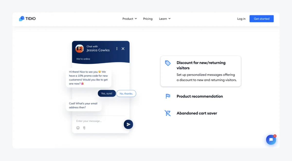 Tidio's product page showing the live-chat widget and ecommerce automation features