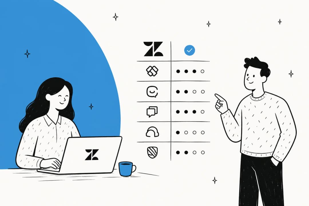 Illustration of a support agent comparing Zendesk competitors and helpdesk alternatives