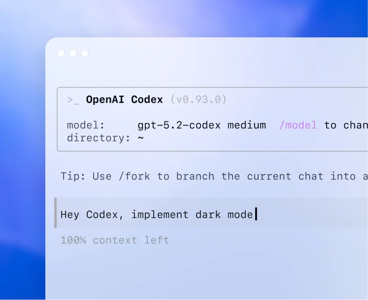 Codex CLI terminal showing model set to gpt-5.2-codex medium with directory and reasoning effort settings