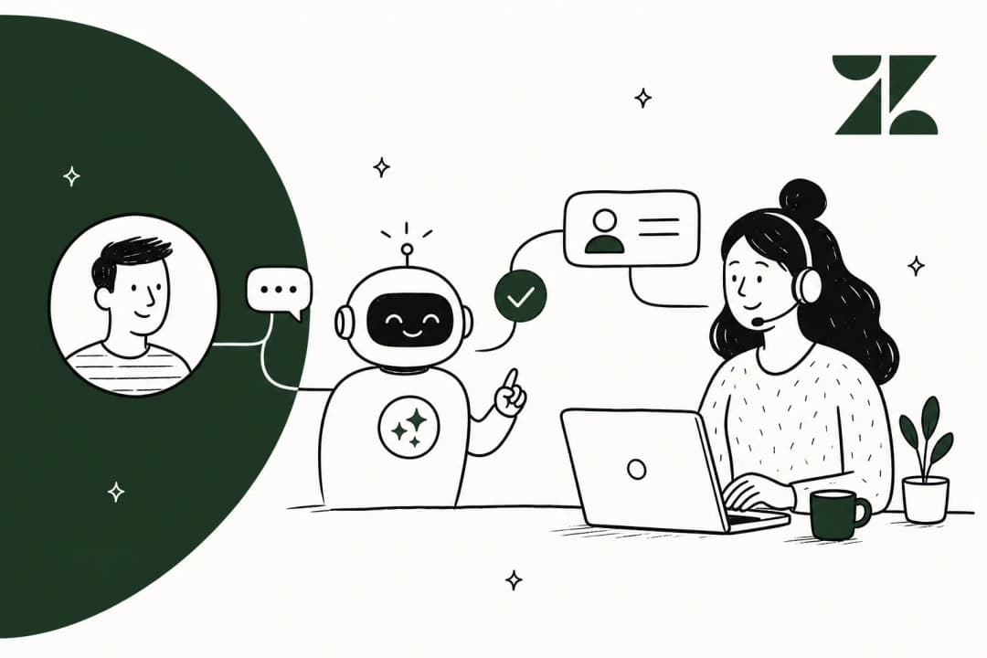 Illustration of a Zendesk AI bot answering a customer while a support agent works alongside it