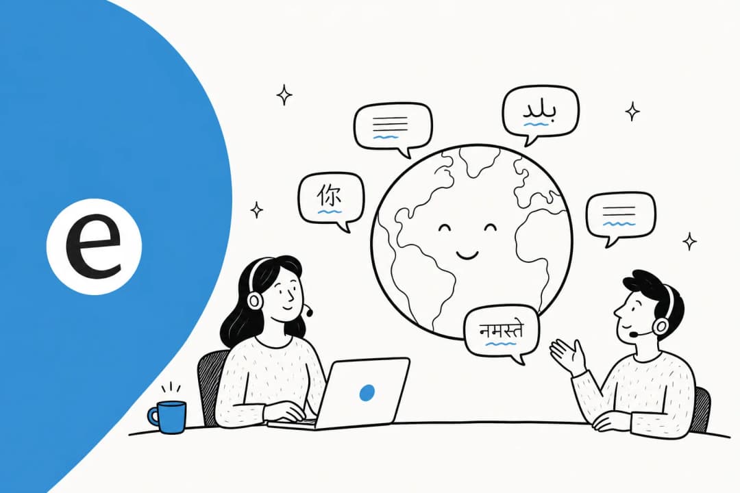 Illustration of a globe surrounded by support chat bubbles in different languages