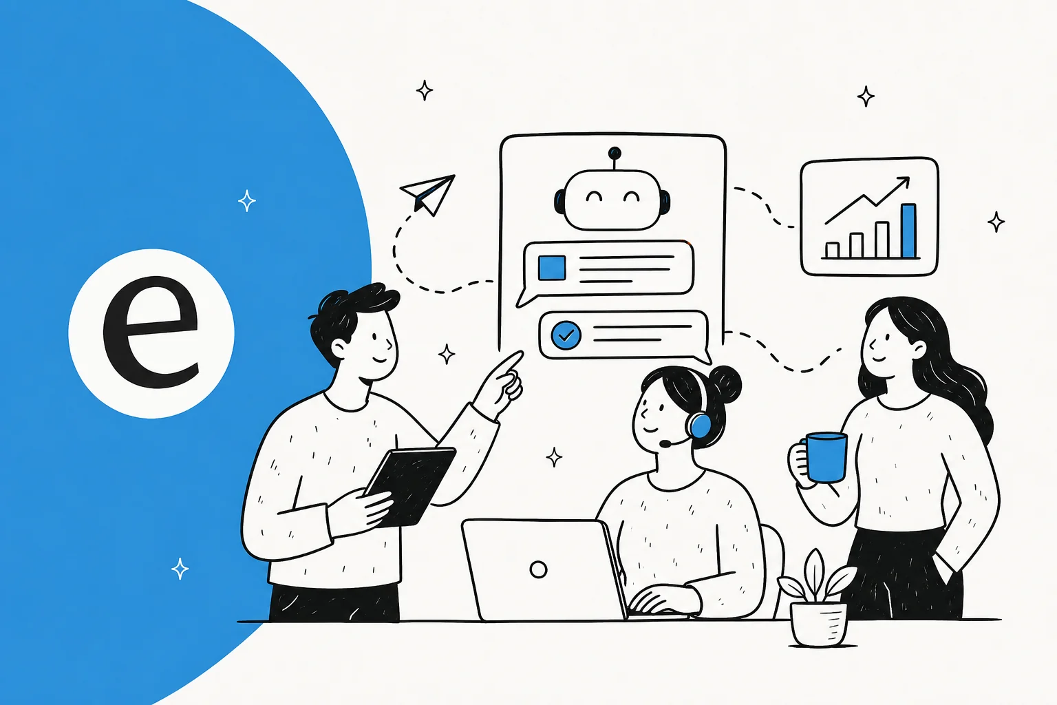 Illustration of a small startup support team scaling with an AI helpdesk