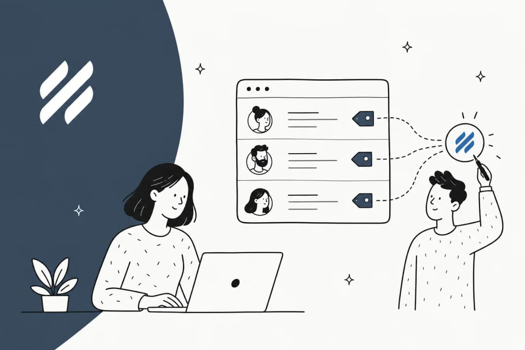 Illustration of a Help Scout support inbox with conversations being automatically labelled with tags
