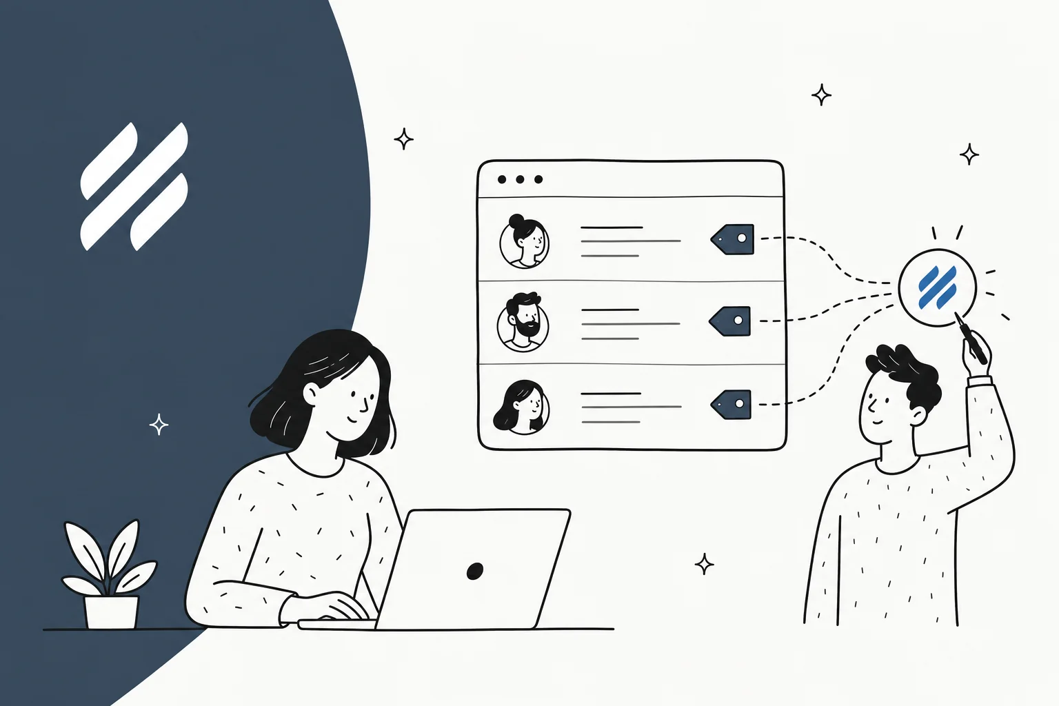 Illustration of a Help Scout support inbox with conversations being automatically labelled with tags