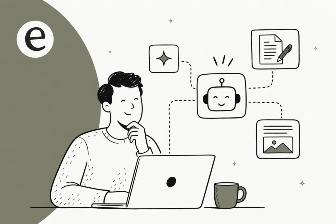 Editorial illustration of an AI copywriting workspace with floating tool cards on an eesel-blue accent