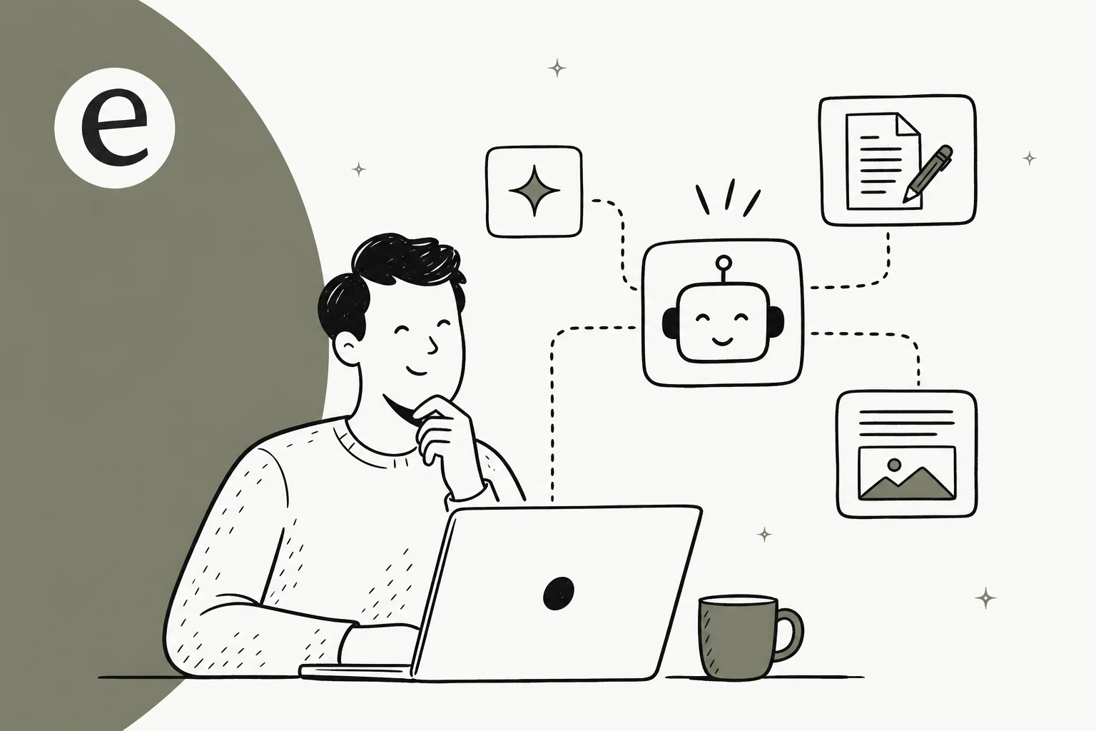 Editorial illustration of an AI copywriting workspace with floating tool cards on an eesel-blue accent