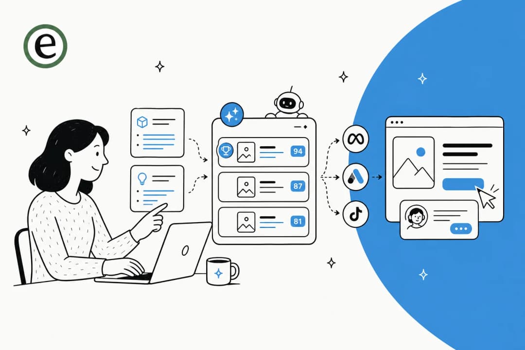 Illustration of product context and winning angles being fed into an AI tool that outputs scored ad variations for Meta, Google and TikTok