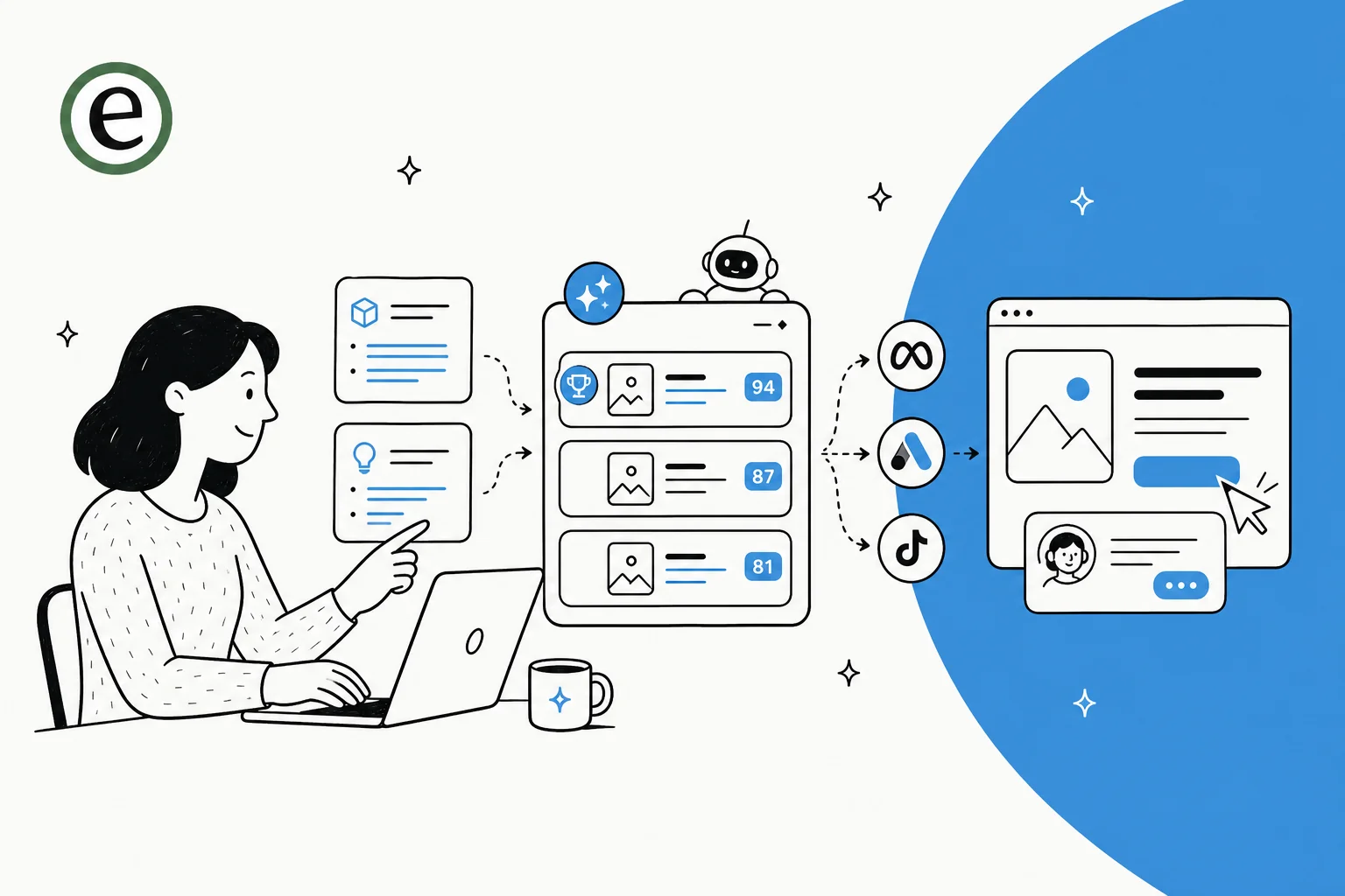 Illustration of product context and winning angles being fed into an AI tool that outputs scored ad variations for Meta, Google and TikTok