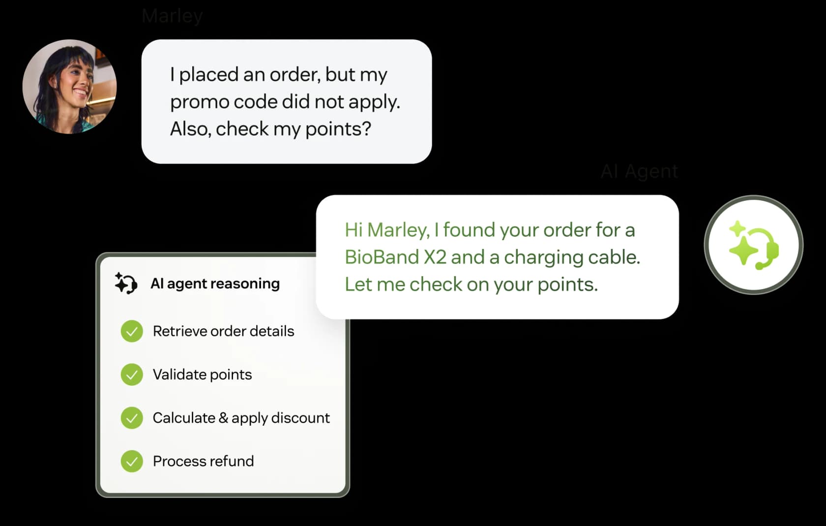 Zendesk AI Agent reasoning through an order question step by step, then sending an autonomous reply, as taken from Zendesk AI Agents